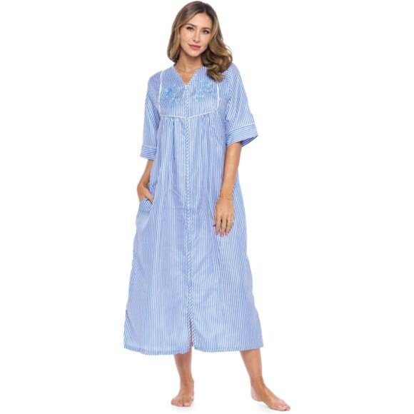 Women´s Zip Front Woven House Dress3/4 Sleeve Duster...